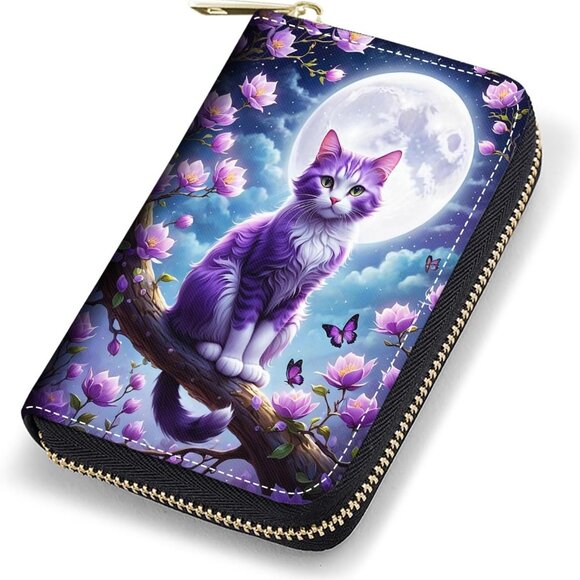 Women Credit Card Holder Leather Wallet RFID Blocking Zipper Accordion Cat Under - Picture 1 of 7